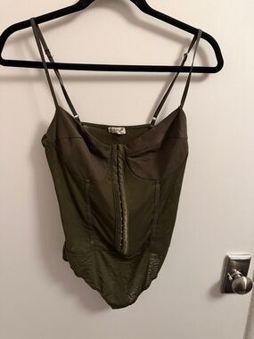Olive Green Hook-and-Eye Bustier Bodysuit with Adjustable Straps